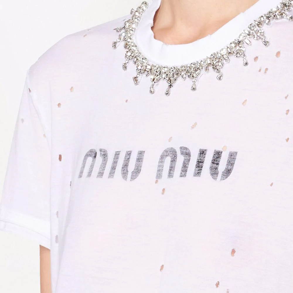商品Miu Miu|MIU MIU 女士白色镶钻T恤 MJN334-1Z5B-F0009,价格¥3825,第1张图片