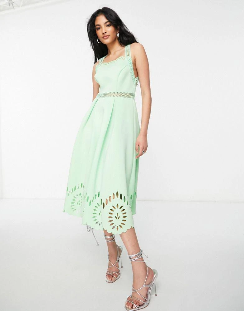 商品ASOS|ASOS DESIGN cut work midi dress with scallop hem in green ash,价格¥245,第1张图片