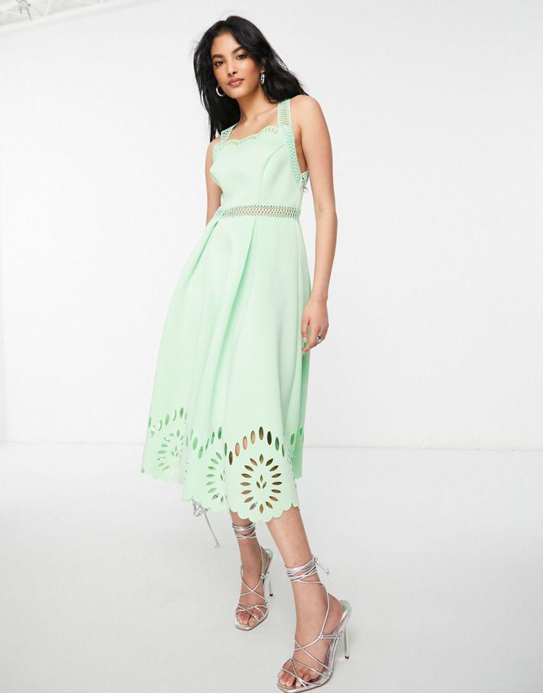 商品ASOS|ASOS DESIGN cut work midi dress with scallop hem in green ash,价格¥531,第1张图片