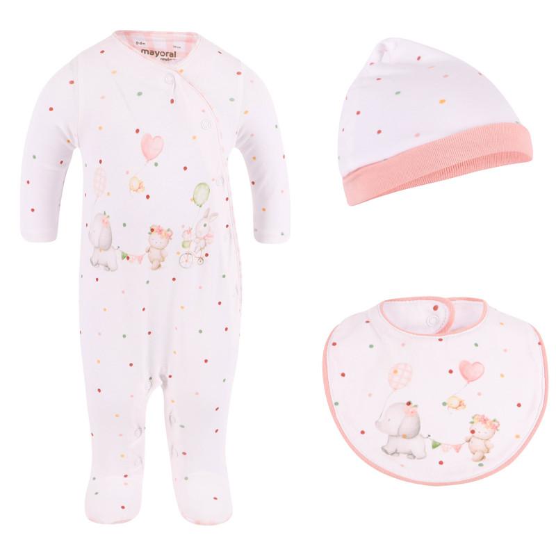 Polka dot onesie baby cap and reversible bib set in white and pink商品第1张图片规格展示