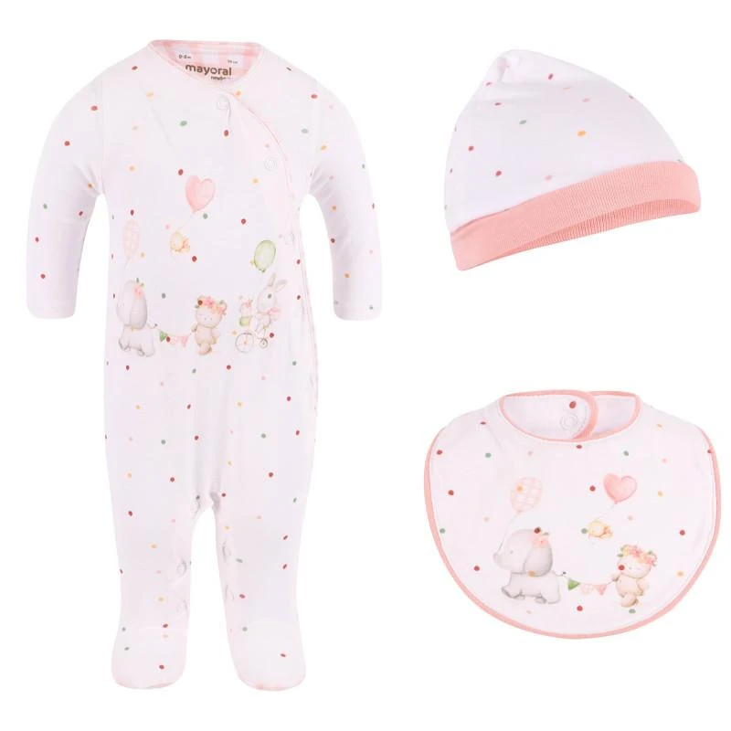 商品Mayoral|Polka dot onesie baby cap and reversible bib set in white and pink,价格¥449,第1张图片