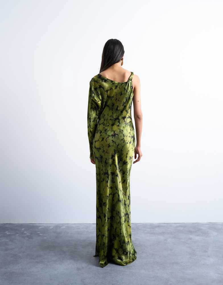 Topshop one sleeve twist strap satin maxi dress in green floral Topshop one sleeve twist strap satin maxi dress in green floral