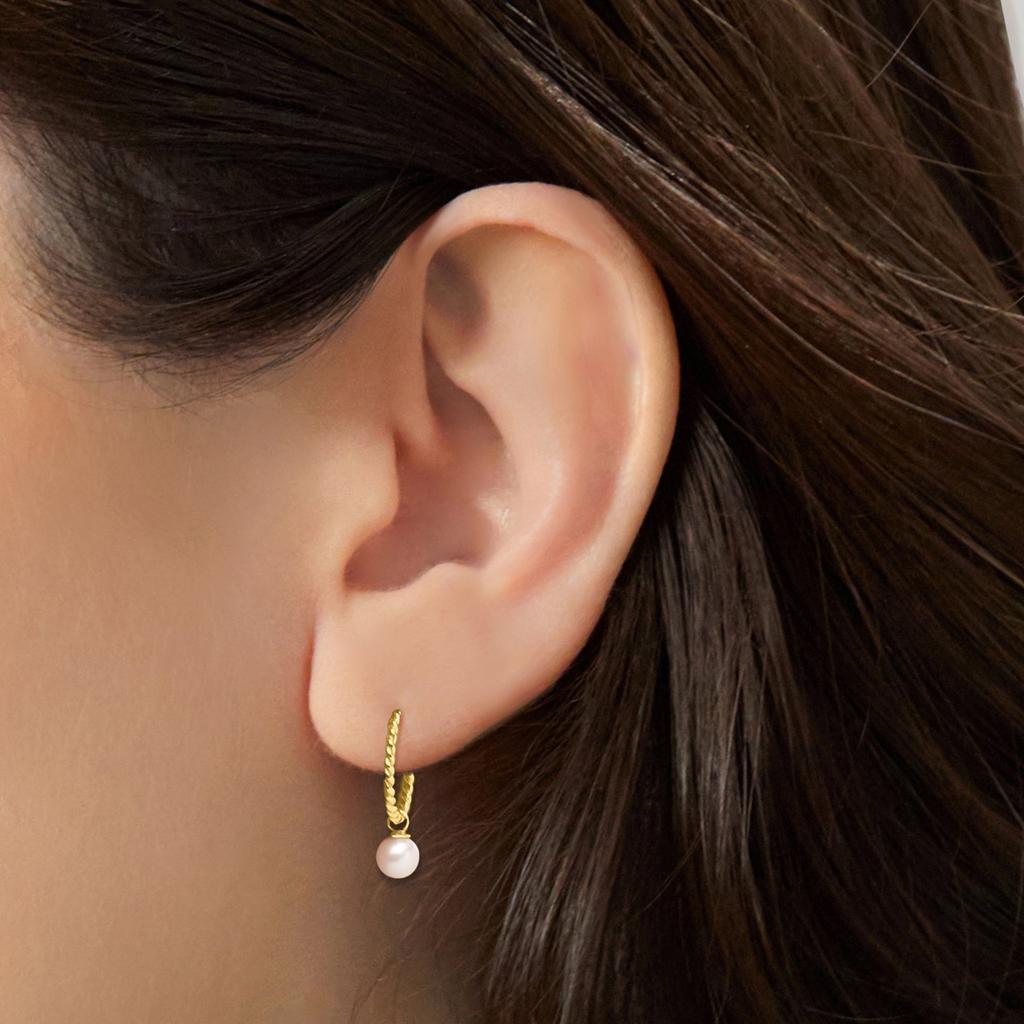 商品Ross-Simons|RS Pure by Ross-Simons 4-4.5mm Cultured Pearl C-Hoop Drop Earrings in 14kt Yellow Gold,价格¥1211,第4张图片详细描述