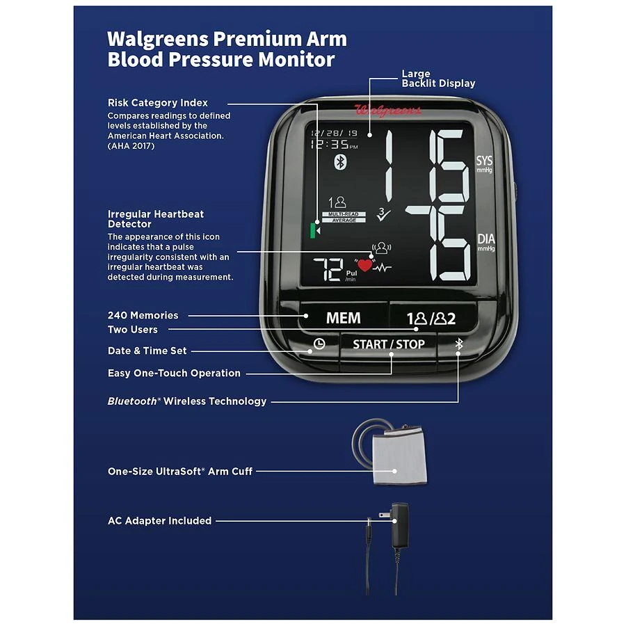 商品Walgreens|Premium Arm Blood Pressure Monitor,价格¥711,第2张图片详细描述