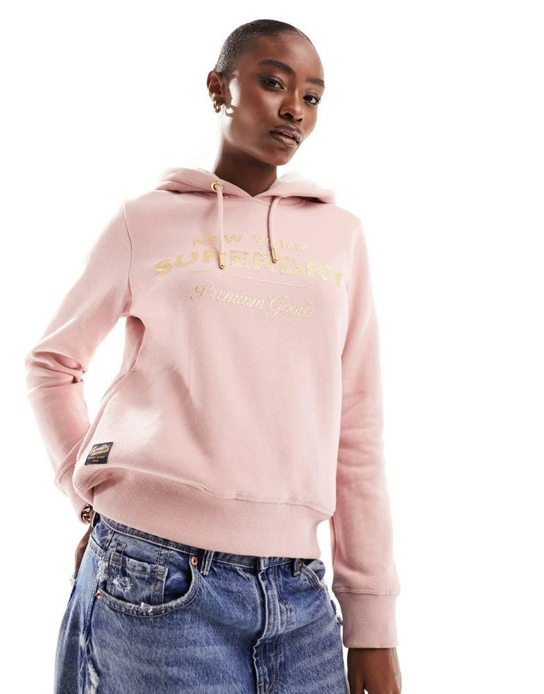 商品Superdry|Superdry luxe metallic logo hoodie in Vintage Blush Pink,价格¥416,第2张图片详细描述