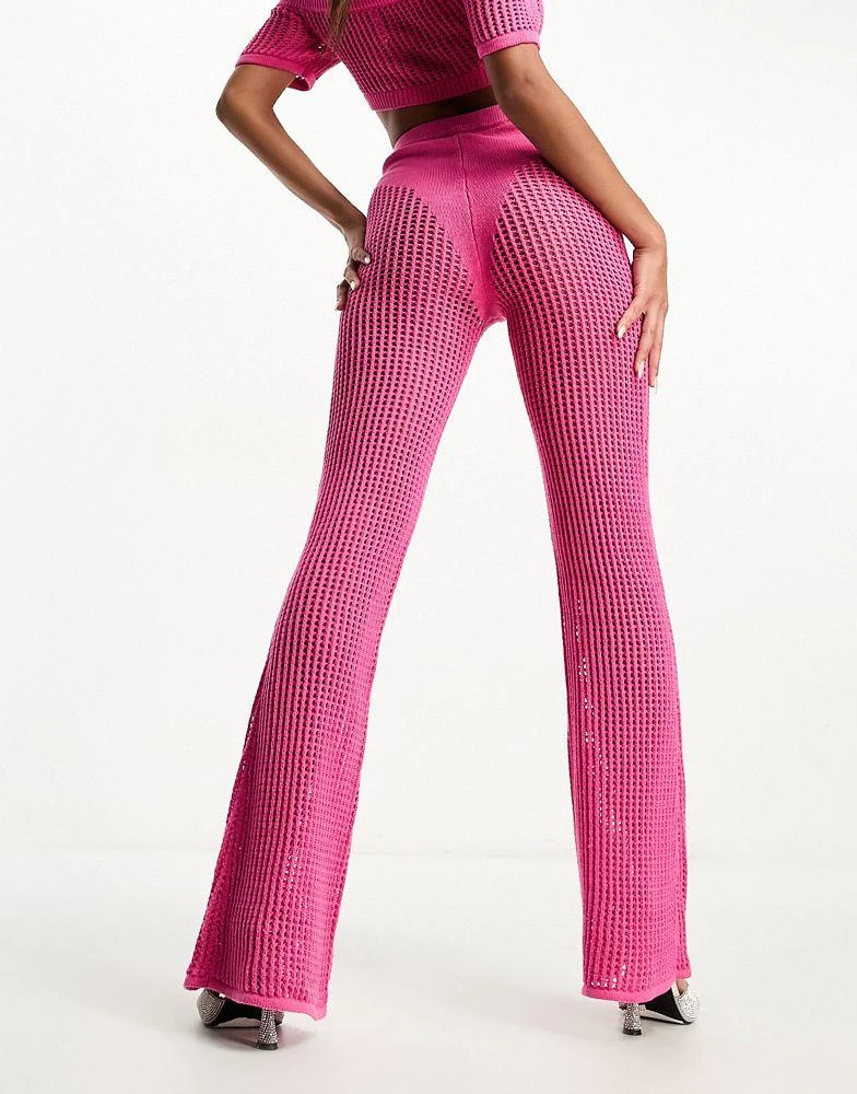商品AsYou|ASYOU knitted crochet flare trouser co-ord with diamante trim in pink,价格¥144,第2张图片详细描述
