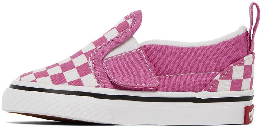 Baby Pink & White Checkerboard Slip-On V Sneakers商品第3张图片规格展示