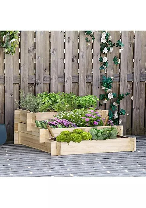 商品Outsunny|3 Tier Wood Raised Garden Bed With Non Woven Fabric Inside Elevated Planting Box Outdoor Vegetable Flower Container Natural,价格¥690,第4张图片详细描述
