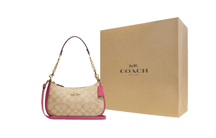 商品[国内直发] Coach|蔻驰 Teri 25 字母徽标经典老花拉链开合 帆布配皮 腋下包马鞍包单肩斜挎包 中号 女款 棕拼粉色,价格¥2361,第5张图片详细描述