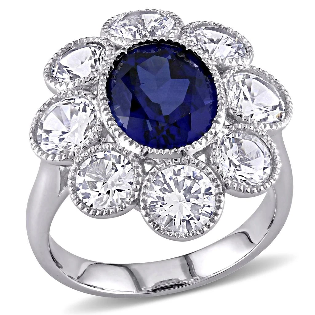 商品Mimi & Max|8 3/5 CT TGW Created Blue and Created White Sapphire Floral Ring in 10K White Gold,价格¥4451,第1张图片