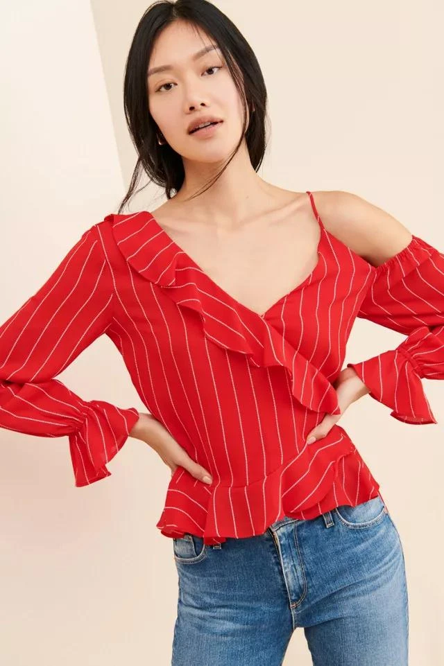 商品NuRode|NuRode Open Shoulder Ruffle Blouse,价格¥113,第1张图片