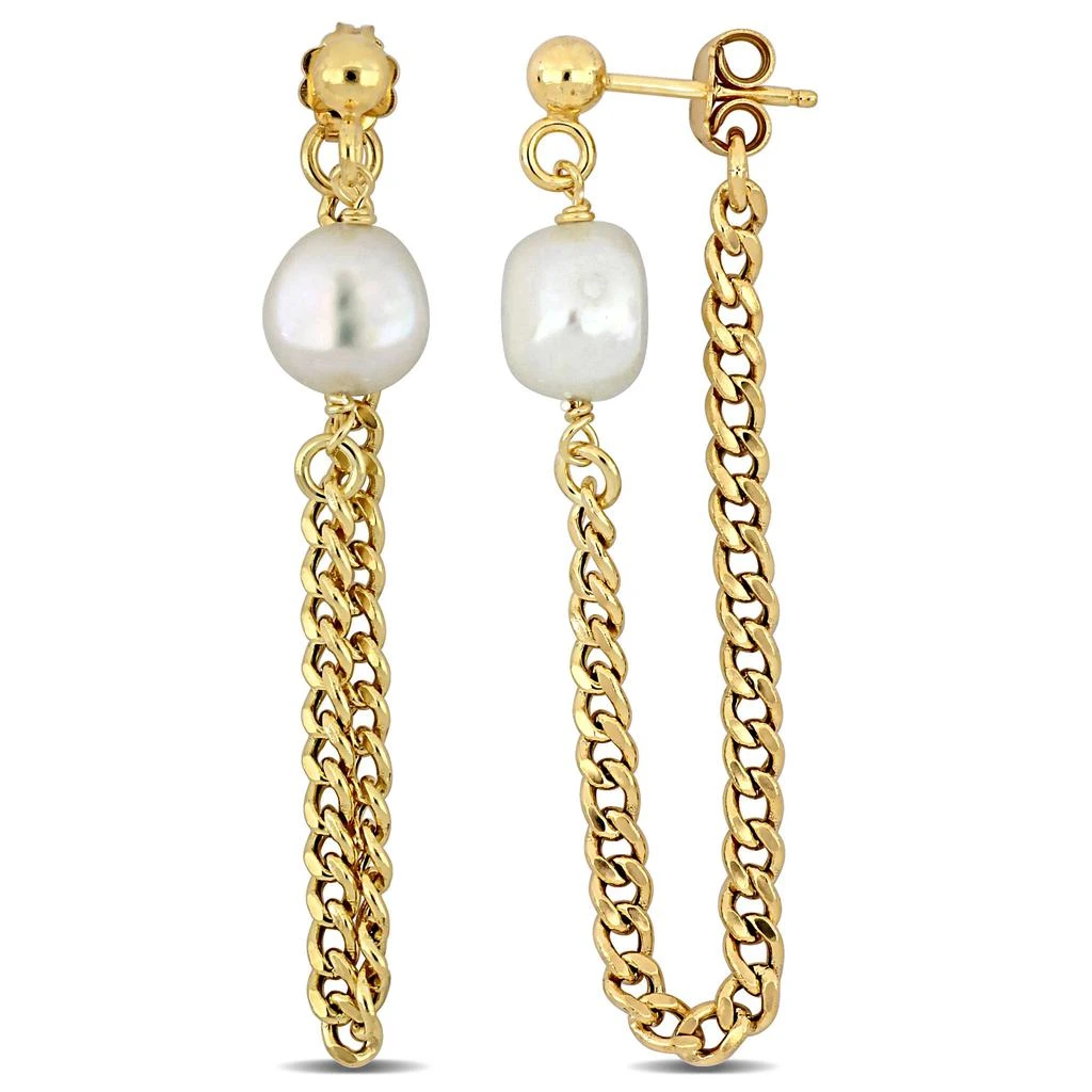 商品Mimi & Max|8-8.5mm Cultured Freshwater Pearl Earrings with Curb Chain in Yellow Gold Plated Sterling Silver,价格¥493,第1张图片