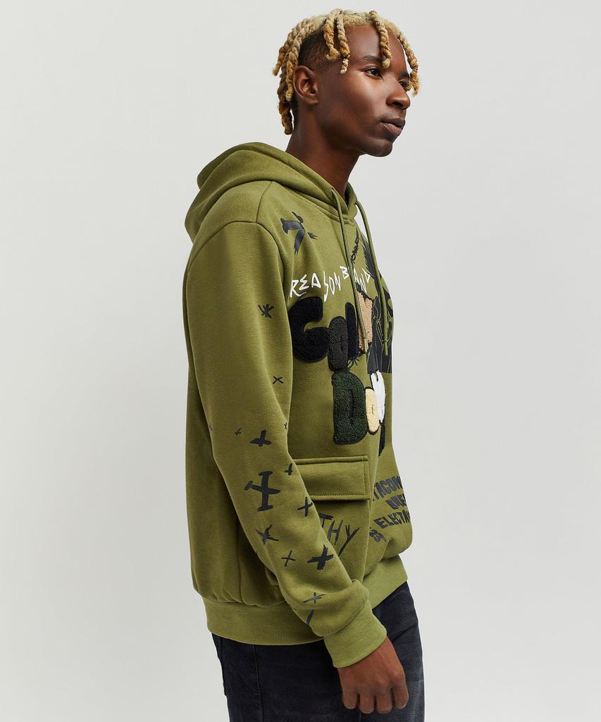 Goin Down Chenille Patched Sleeve Print Hoodie - Olive Green商品第2张图片规格展示