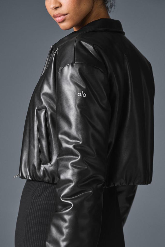 Alo Faux Leather Cropped Premier Bomber - Black - Jackets