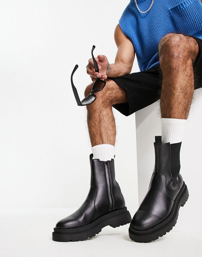 ASOS DESIGN chunky chelsea calf boots in black faux leather商品第4张图片规格展示