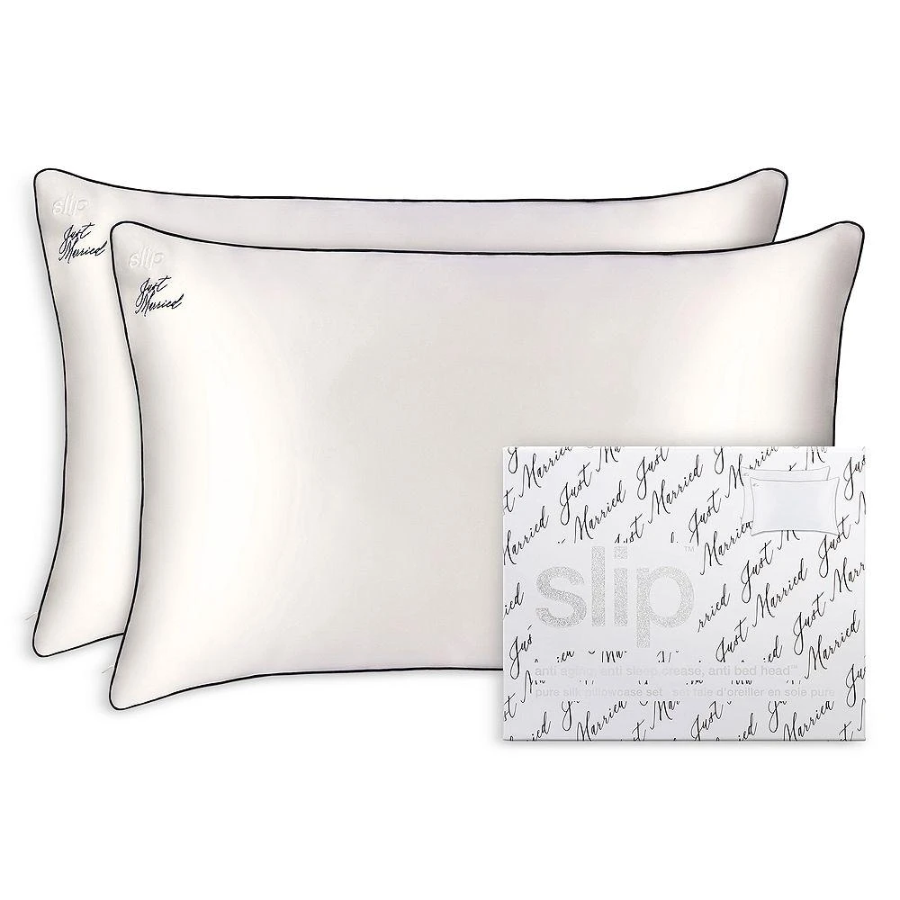 商品Slip|Just Married Embroidered Silk Pillowcase Set,价格¥1511,第1张图片