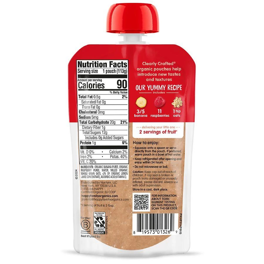 商品Happy Baby|Organics Clearly Crafted Stage 2 Bananas, Raspberries & Oats Pouch Banana Raspberries & Oats, Single Pouch,价格¥15,第3张图片详细描述