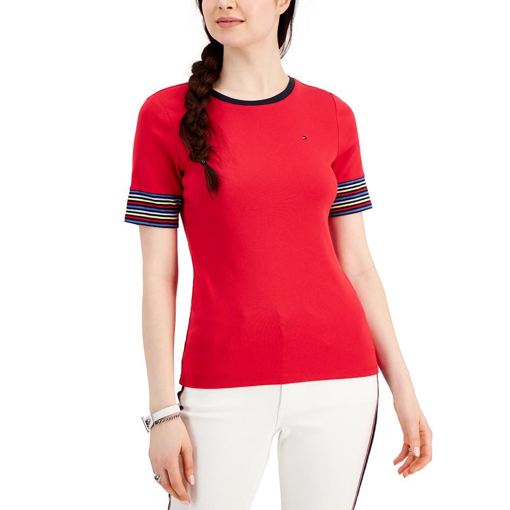 Women's Cotton Striped-Sleeve T-Shirt商品第1张图片规格展示