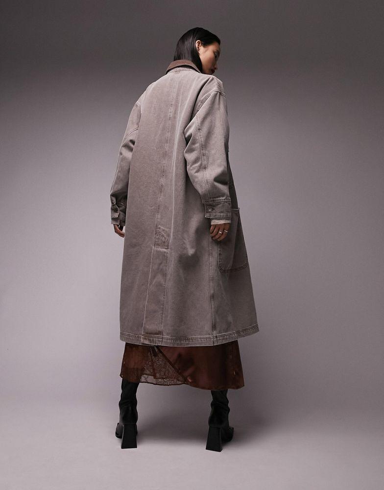 Topshop multi pocket denim duster coat in brown商品第4张图片规格展示