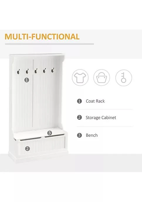 商品HOMCOM|71 3 In 1 Hall Tree Storage Bench And Coat Rack With 5 Steel Double Hooks And Anti Topple Anchor For Entryway White,价格¥1775,第3张图片详细描述