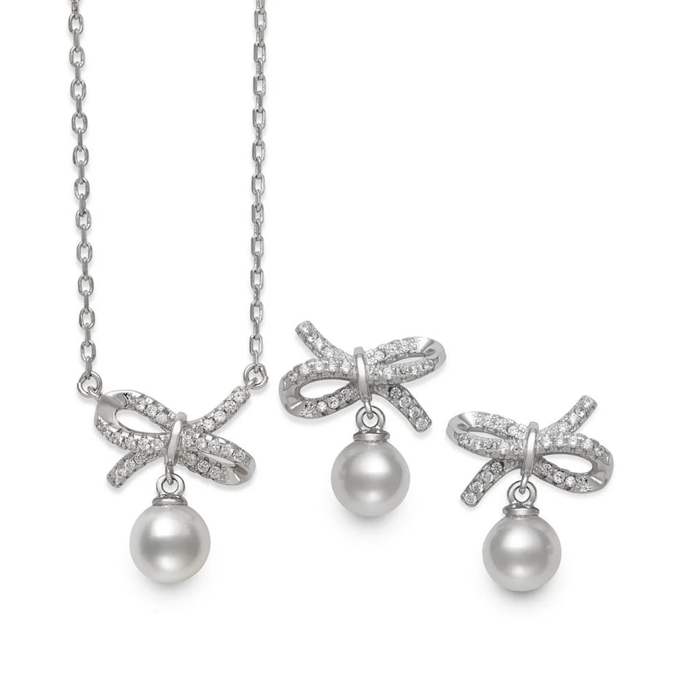 商品Belle de Mer|2-Pc. Set Cultured Freshwater Pearl (6mm) & Cubic Zirconia Ribbon Pendant Necklace & Matching Drop Earrings in Sterling Silver,价格¥2417,第4张图片详细描述