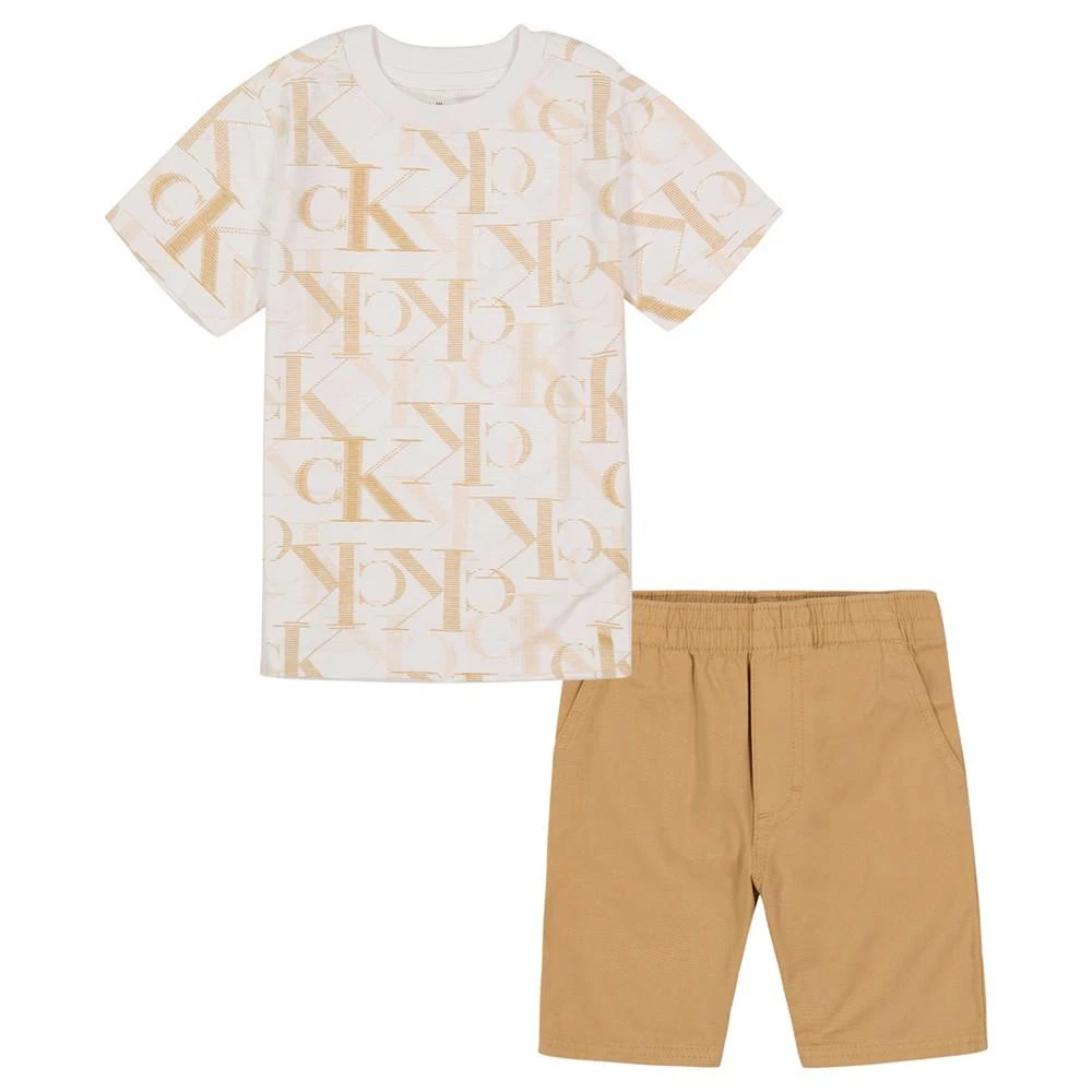 商品Calvin Klein|Little Boys Monogram Print T-shirt and Twill Short, 2 Piece Set,价格¥125,第1张图片