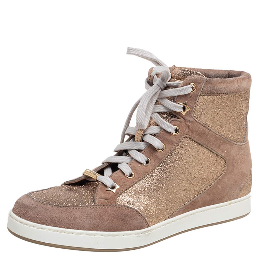 Jimmy Choo Rose Gold Suede And Glitter Tokyo High Top Sneakers Size 36.5商品第1张图片规格展示