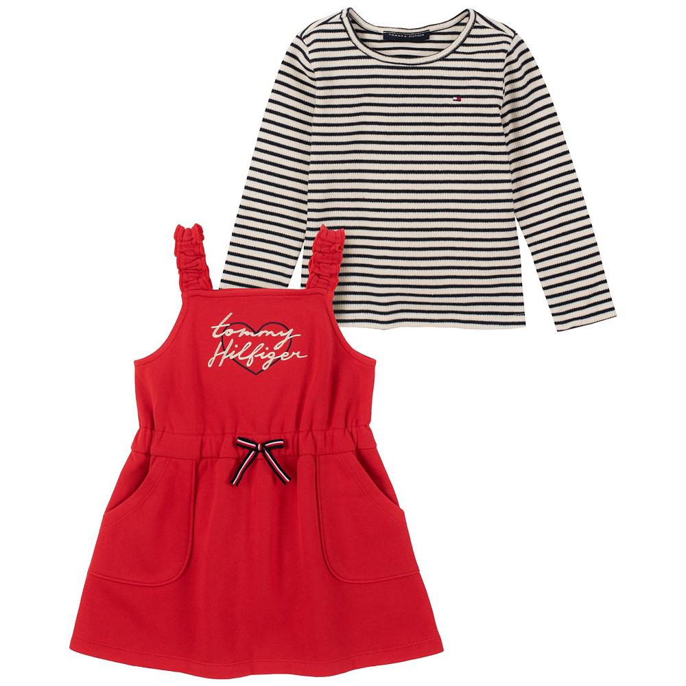 Little Girls 2 Piece Striped Logo Long Sleeve T-shirt and Fleece Jumper Set商品第1张图片规格展示