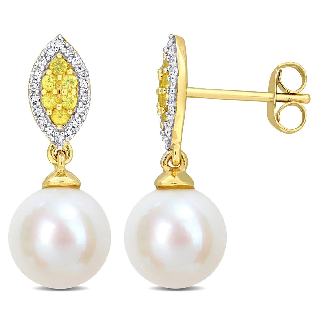 商品Mimi & Max|8mm Cultured Freshwater Pearl 1/7ct TDW Diamond & Yellow Sapphire Marquise Earrings 14k Yellow Gold,价格¥2766,第1张图片