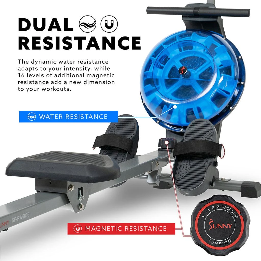 商品Sunny Health & Fitness|Sunny Health & Fitness Hydro+ Dual Resistance Magnetic Water Rowing Machine,价格¥3573,第3张图片详细描述