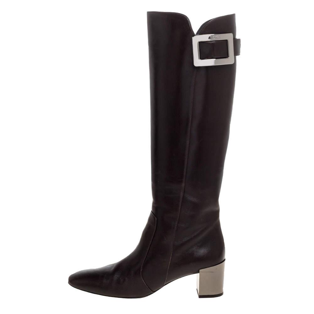 Roger Vivier Dark Brown Leather Buckle Detail Knee Length Boots Size 36.5商品第2张图片规格展示