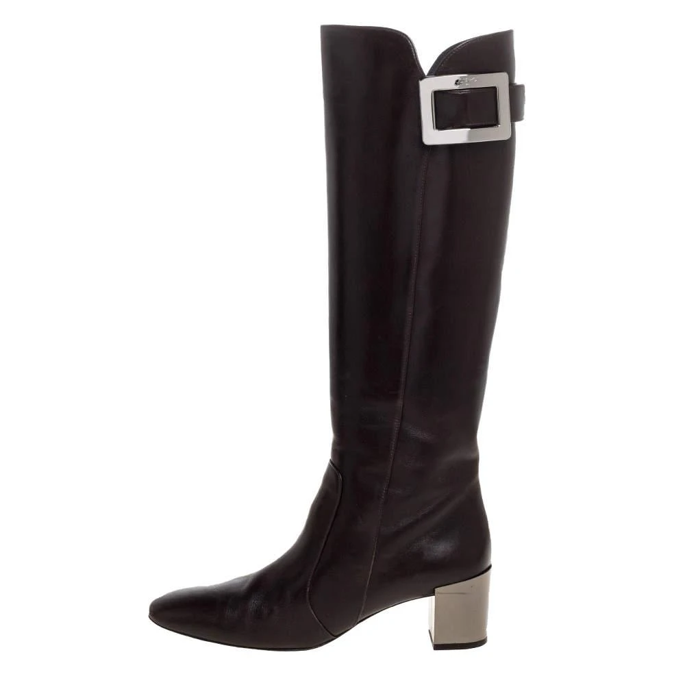 商品[二手商品] Roger Vivier|Roger Vivier Dark Brown Leather Buckle Detail Knee Length Boots Size 36.5,价格¥2073,第2张图片详细描述