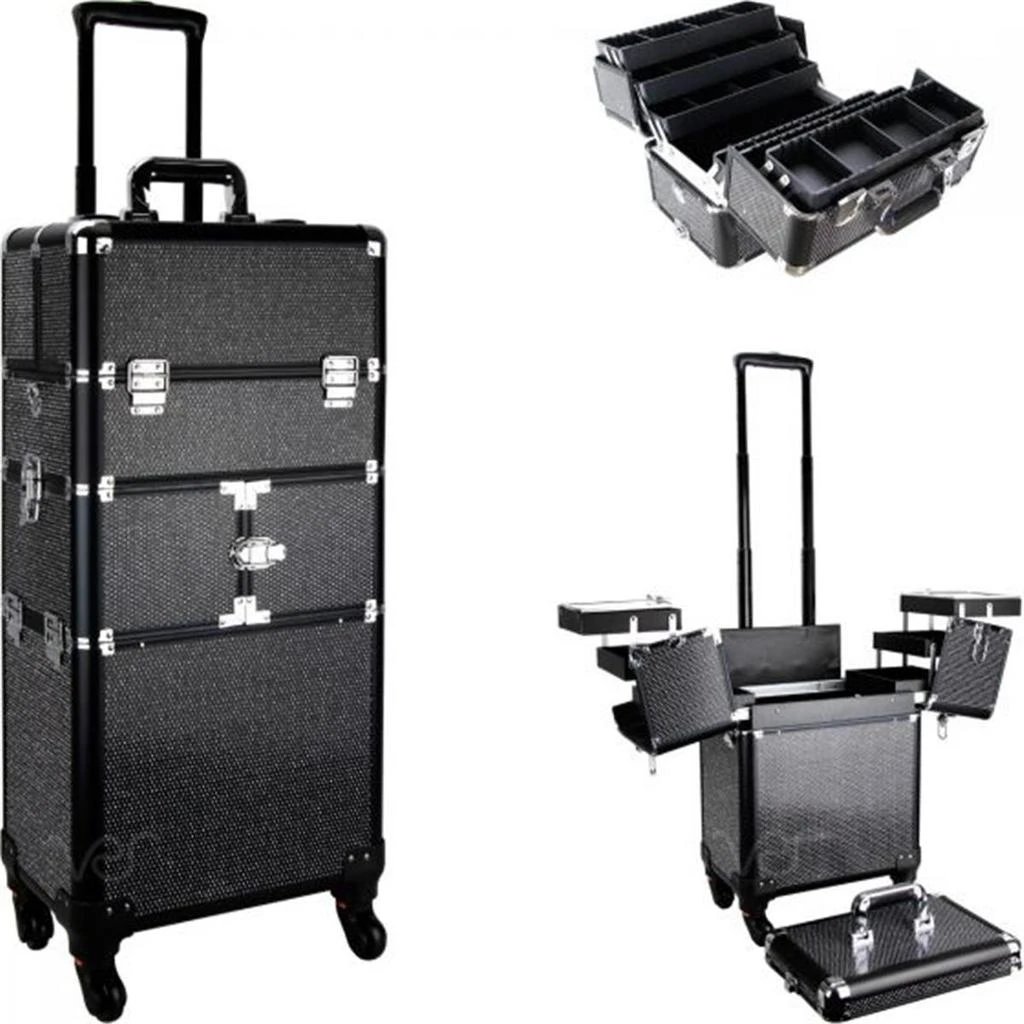 商品VER|Ver  Pattern 3-Tiers Accordion Trays 4-Wheels Professional Rolling Aluminum Cosmetic Makeup Case & 6-Tiers Extendable Trays with Dividers - Black Krystal,价格¥1070,第1张图片