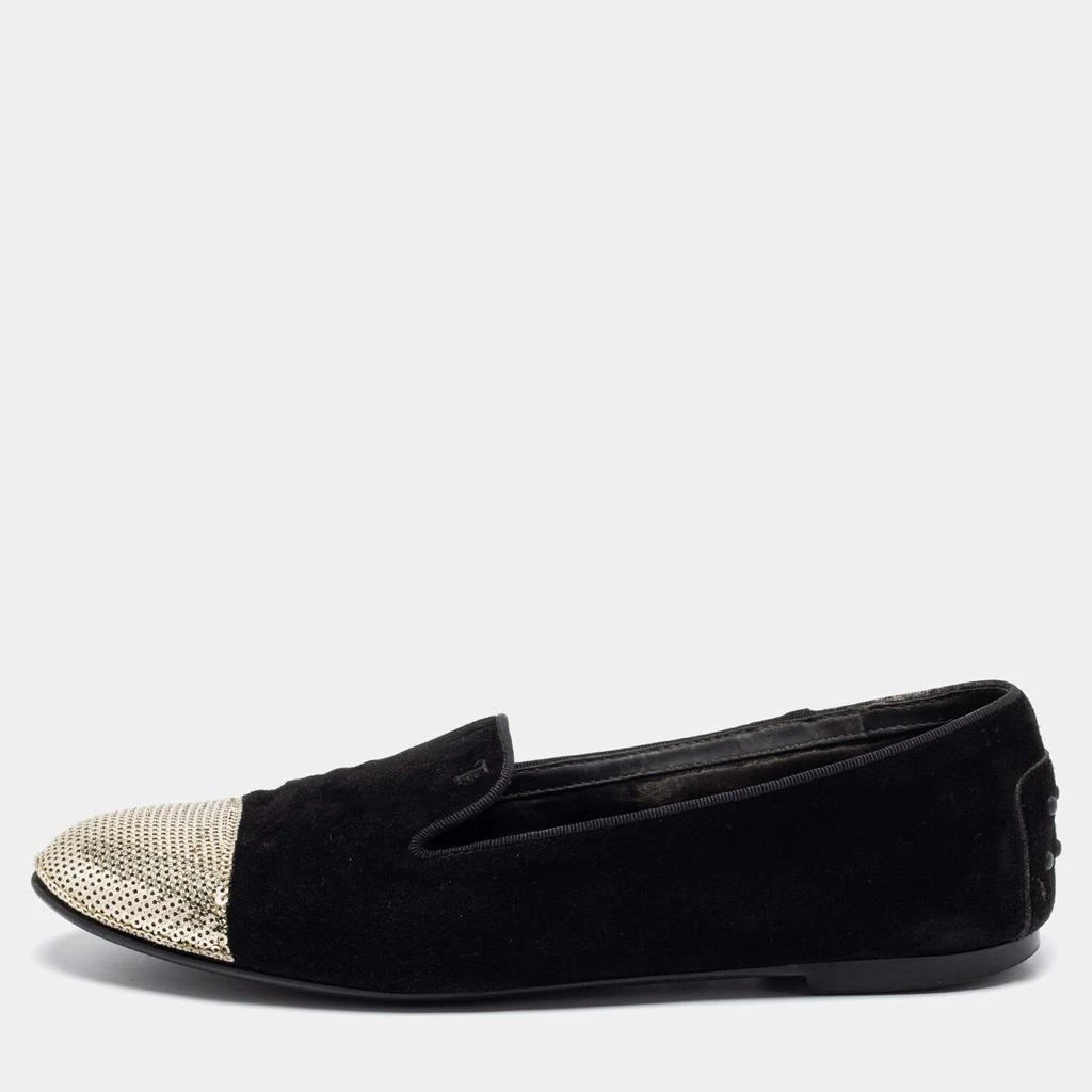商品[二手商品] Tod's|Tod's Black/Gold Suede and Sequins Embellished Cap-Toe Slip-On Loafers Size 37.5,价格¥1549,第1张图片