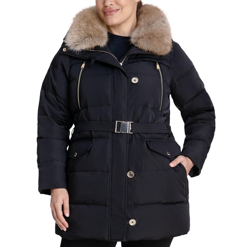 Women's Plus Size Belted Faux-Fur-Collar Down Puffer Coat, Created for Macy's商品第1张图片规格展示