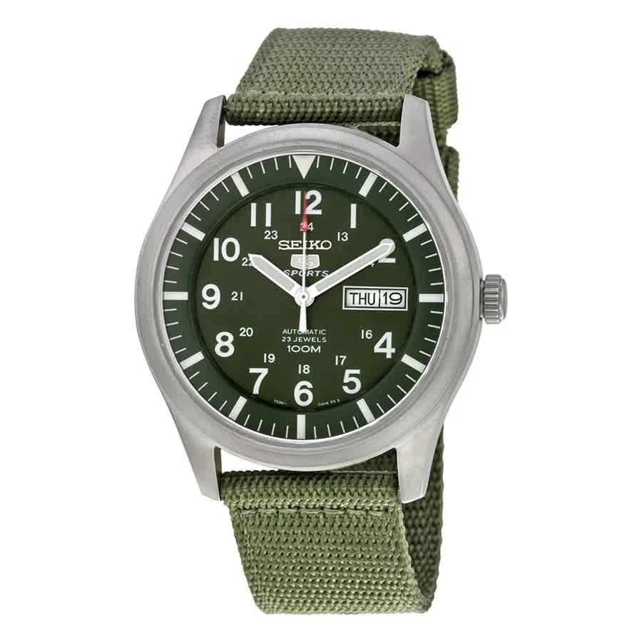 商品Seiko|Seiko 5 Sport Automatic Khaki Green Canvas Mens Watch SNZG09,价格¥1110,第1张图片