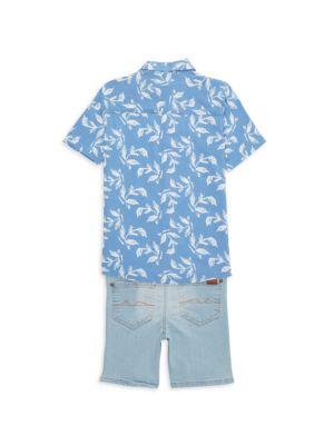 Little Boy’s 2-Piece Button Up Shirt & Denim Shorts Set商品第2张图片规格展示