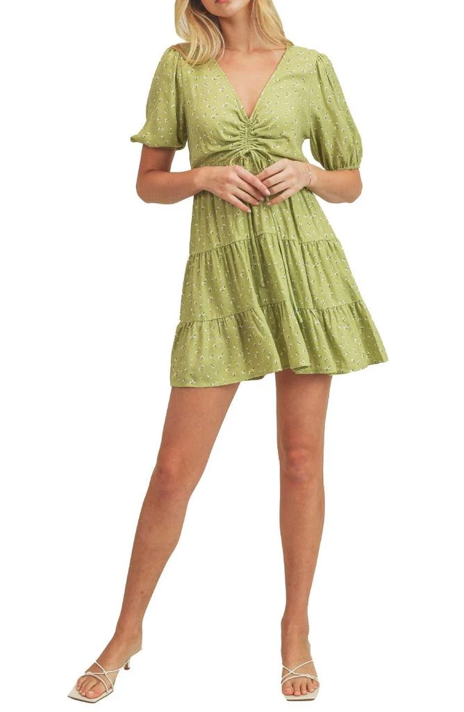 商品Lush|V-Neck Short Sleeve Pinch Front Ditsy Print Tiered Minidress,价格¥207,第1张图片