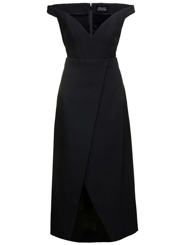 商品SOLACE LONDON|Black Midi Dress with Flared Skirt and Asymmetric Vent in Polyester Woman,价格¥2124,第1张图片