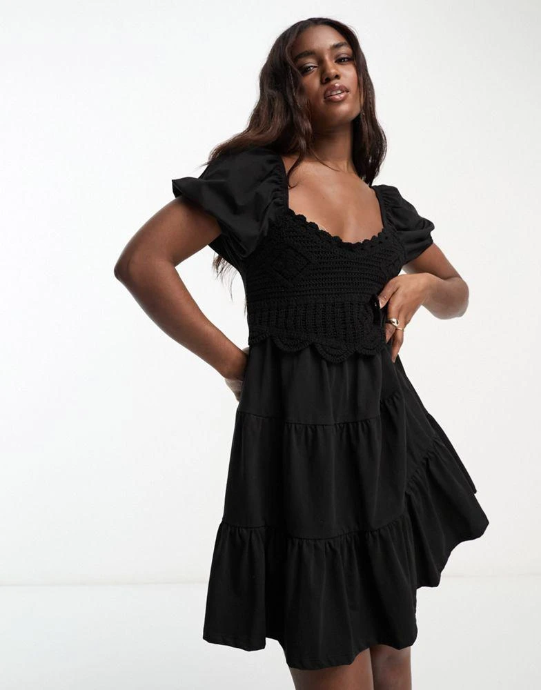 商品ASOS|ASOS DESIGN cap sleeve mini dress with crochet bodice and tiered skirt in black,价格¥228,第1张图片