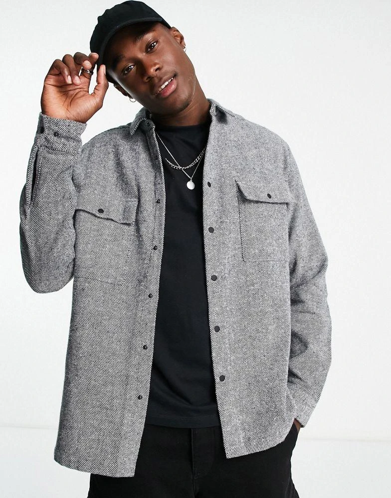 商品ASOS|ASOS DESIGN twill overshirt in black with snap buttons,价格¥192,第1张图片