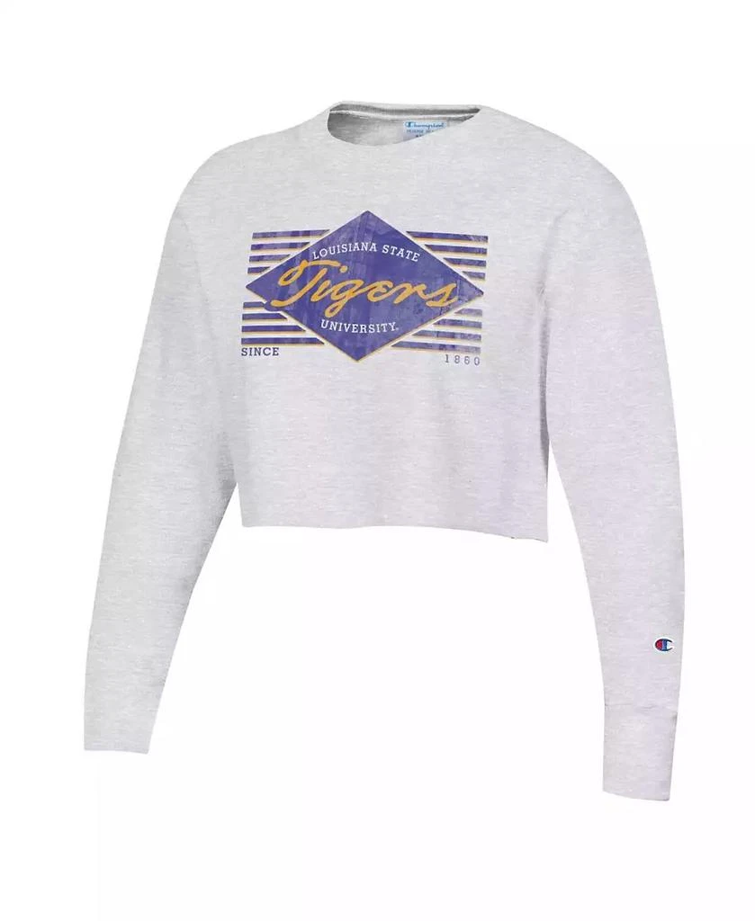 商品CHAMPION|Women's Heather Gray Distressed LSU Tigers Reverse Weave Cropped Pullover Sweatshirt,价格¥502,第2张图片详细描述