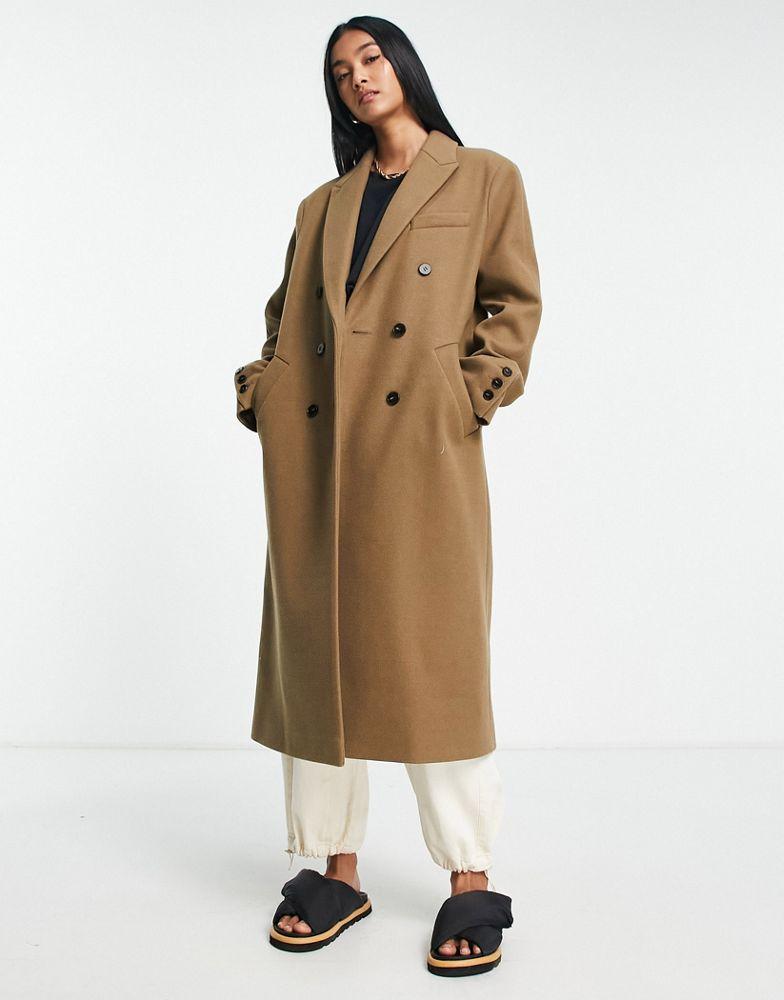 Topshop double breasted long coat in dark camel商品第2张图片规格展示