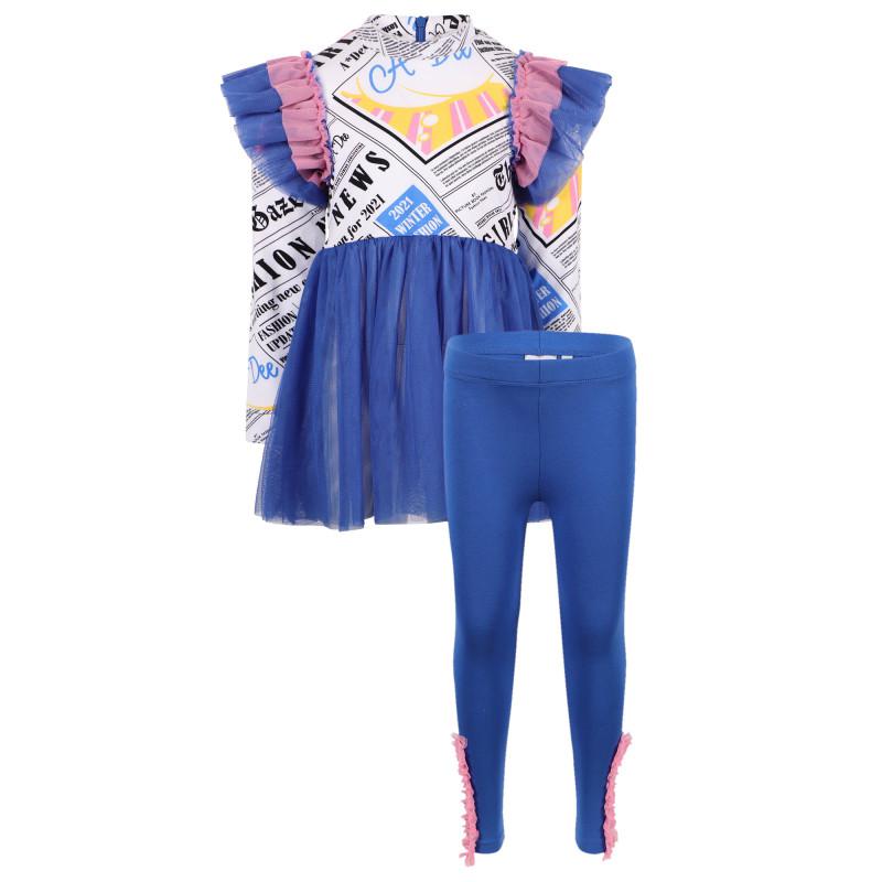 Newspaper tulle detailing blouse and leggings set in blue and white商品第1张图片规格展示