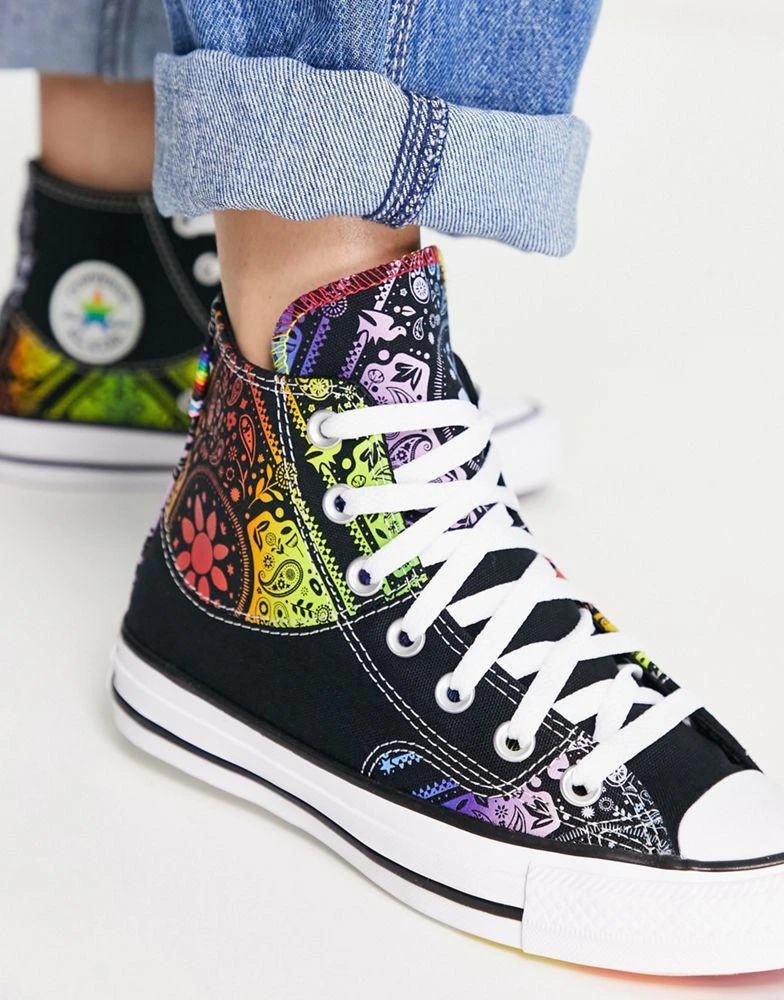 商品Converse|Converse Chuck Taylor All Star Pride Hi trainers in black multi-coloured scarf print,价格¥373,第2张图片详细描述