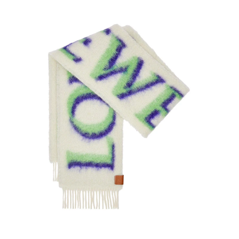 商品Loewe|【预售3-7天】罗意威 23年早春新款 男士白色/绿色羊毛和马海毛混纺Logo围巾F811257X03-2104,价格¥4543,第5张图片详细描述