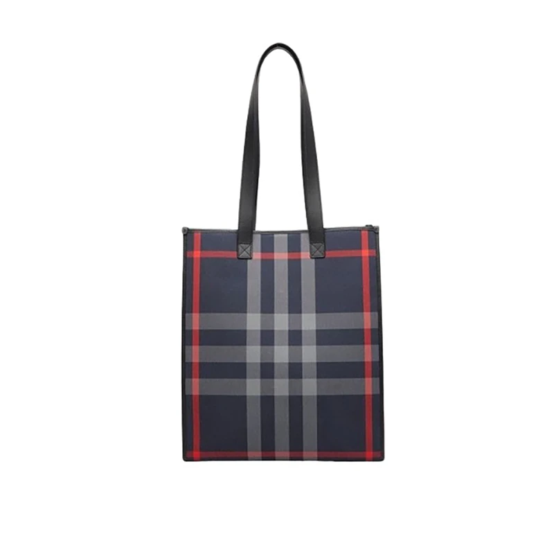 商品Burberry|【现货】博柏利 男士深蓝色棉质帆布配皮革格纹购物手提包 80840581,价格¥3776,第1张图片