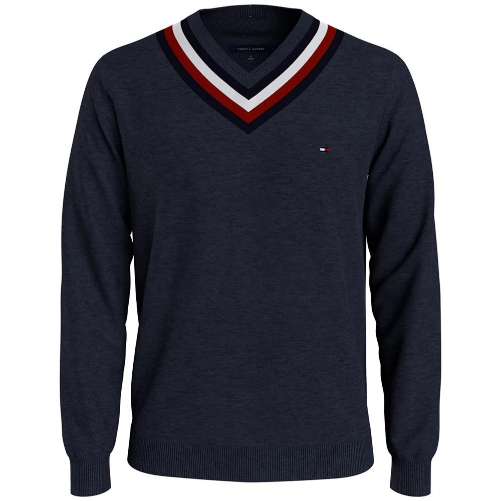 商品Tommy Hilfiger|Men's Signature Stripe Tipped Cricket V-Neck Sweater,价格¥119,第1张图片