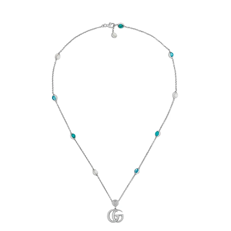 商品Gucci|GUCCI/古驰 经典925银双G白色珍珠母贝绿松石蓝色托帕石点缀复古项链‎,价格¥5151,第1张图片