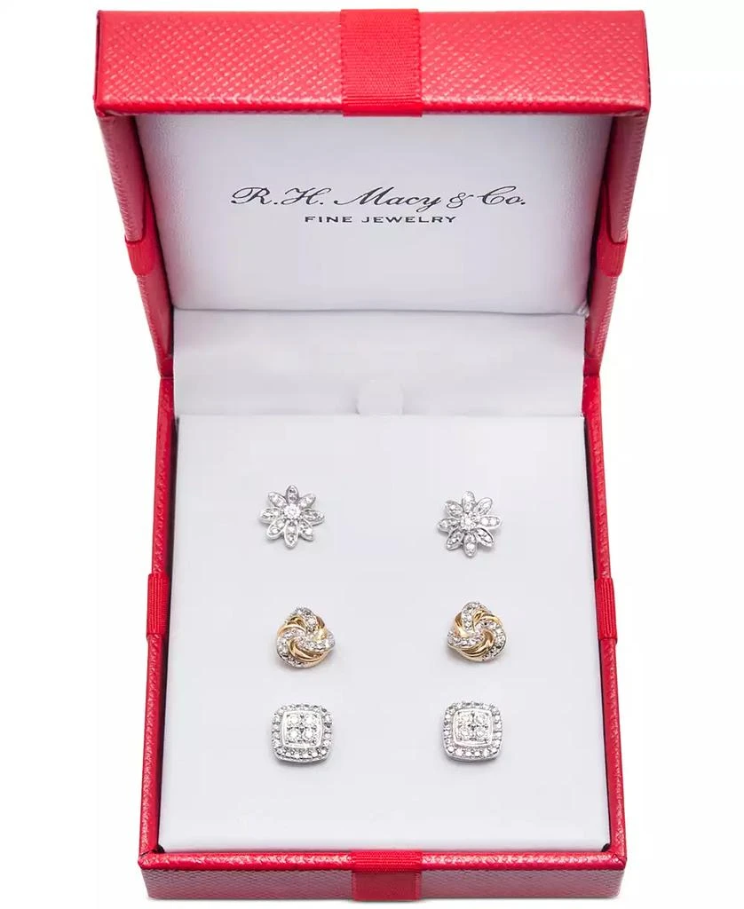 商品Macy's|3-Pc. Diamond Stud Earrings Set (1/4 ct. t.w.) in Sterling Silver & 14k Gold-Plate,价格¥752,第2张图片详细描述